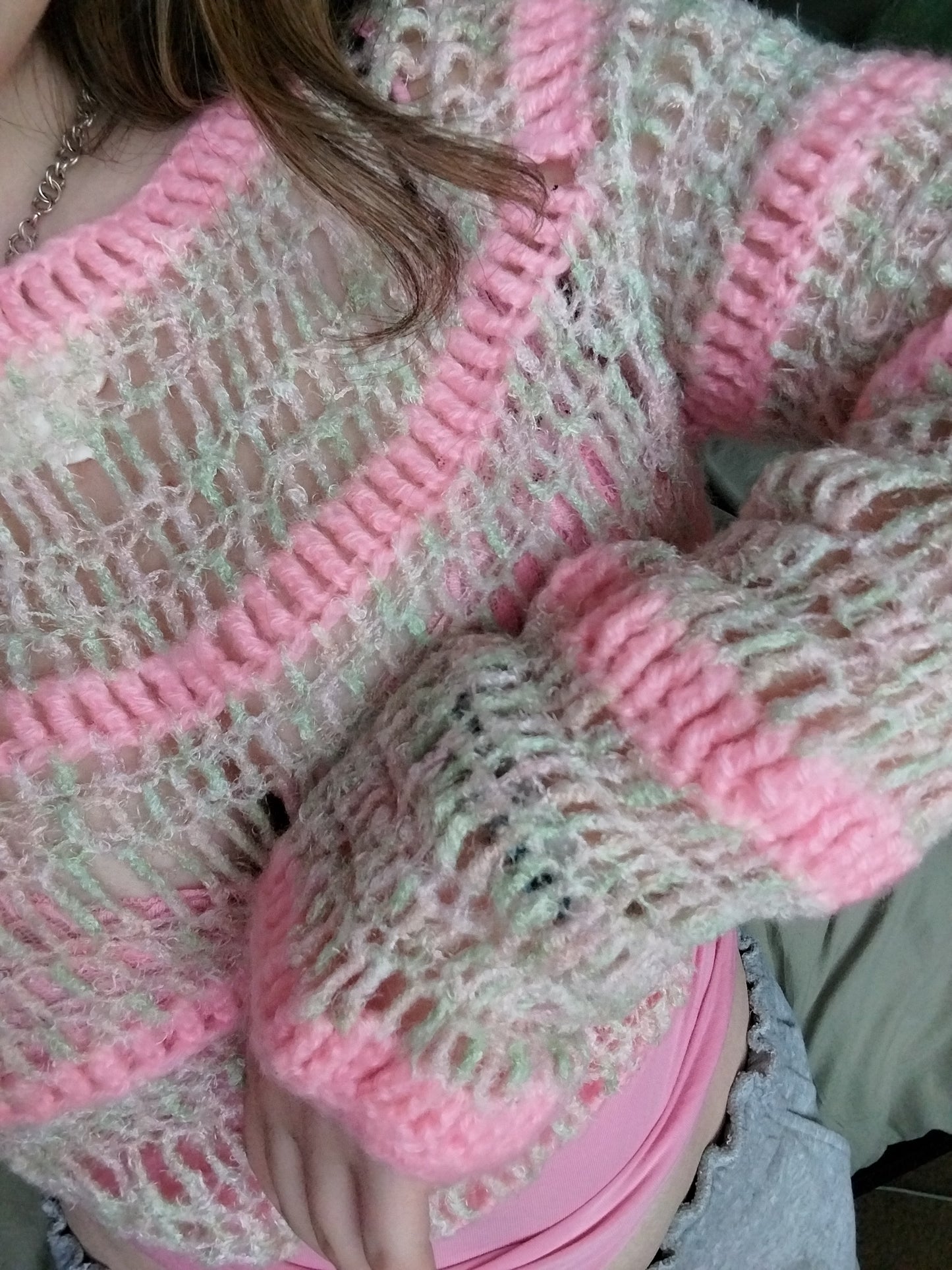 cropped pink + light green mesh mohair sweater